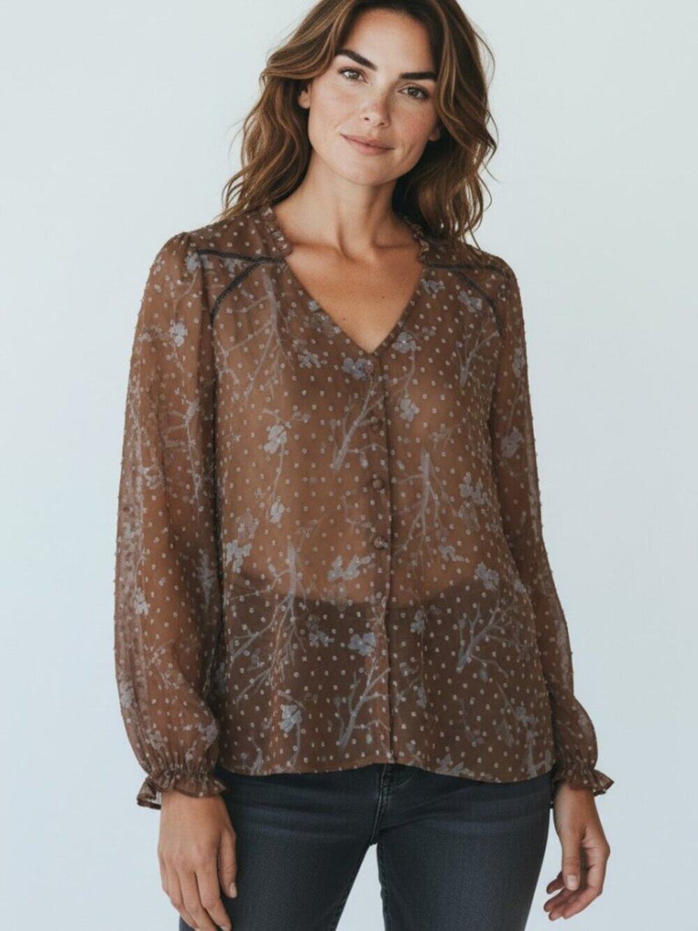 Bobeau Brown Sheer Floral Blouse Ruffle Neck Boho Romantic L Cottagecore EUC